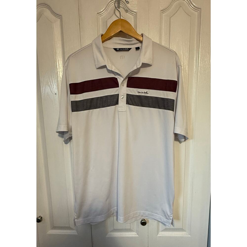 TravisMathew Polo Shirt Mens XL White Burgundy Grey Striped Performance Golf